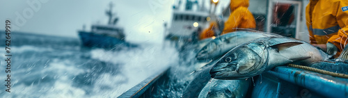Fishing industry in the Atlantic and Northern Oceans. Unloading Freshly Caught Fish, motion blur background.