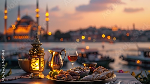 Traditional iftar items and lantern during ramadan evening with mosque background photo
