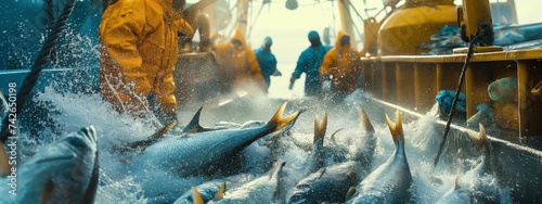 Fishing industry in the Atlantic and Northern Oceans. Unloading Freshly Caught Fish, motion blur background. photo