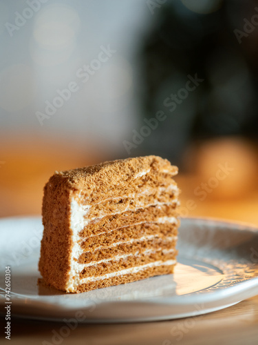 Slice of layered honey cake selective focus. Perfect piece of layered honey cake in restaurant bokeh background. Traditional Russian layer cake Medovik made with honey