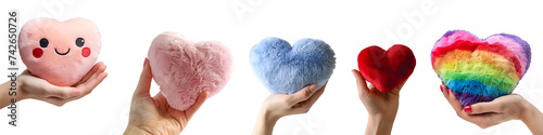 Set of pink, red, blue, rainbow, and lgbt plush hearts with a fluffy pillow in heart shape, Isolated on Transparent Background, PNG photo