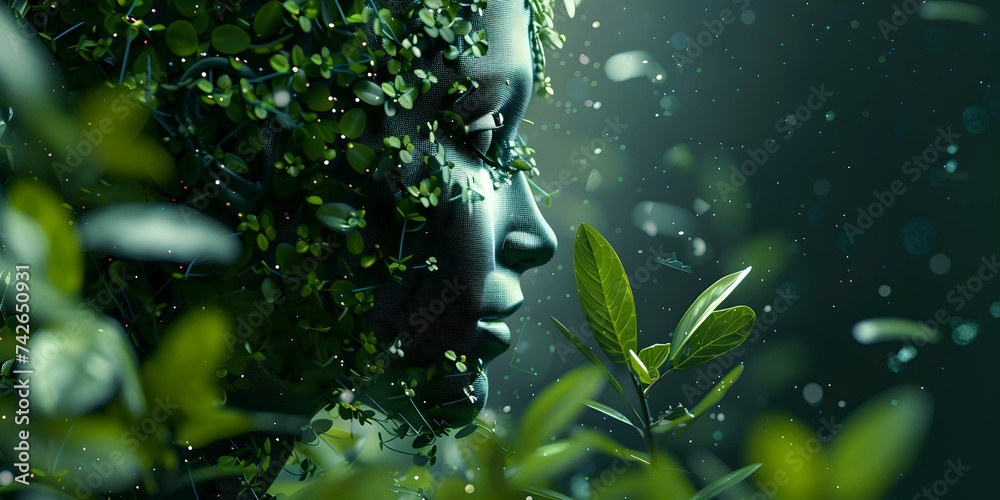 Mystical green face emerges among leaves, symbolizing nature's spirit. ethereal and artistic representation of environmental connection. AI