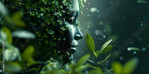 Mystical green face emerges among leaves, symbolizing nature's spirit. ethereal and artistic representation of environmental connection. AI
