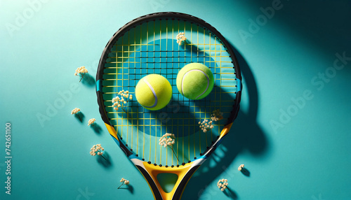 Photography tennis balls placed  on a tennis racket vibrant turquoise background. yellow and black frame. © Raven