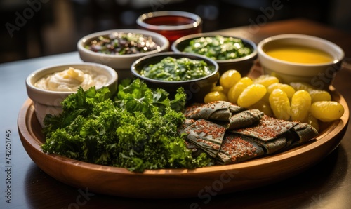 a tray of mezza, including hummus, tabbouleh, and stuffed grape leaves photo