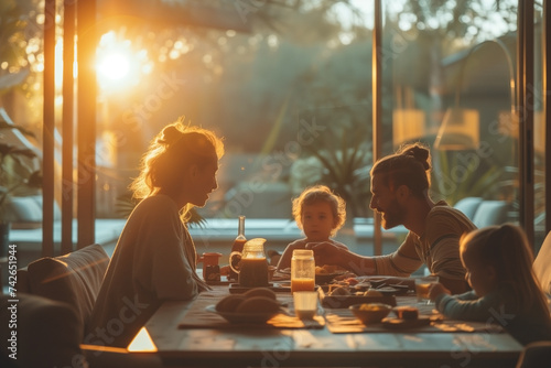 Una familia feliz comiendo junta.
Familia sonriente sentada en la mesa del comedor durante la cena.