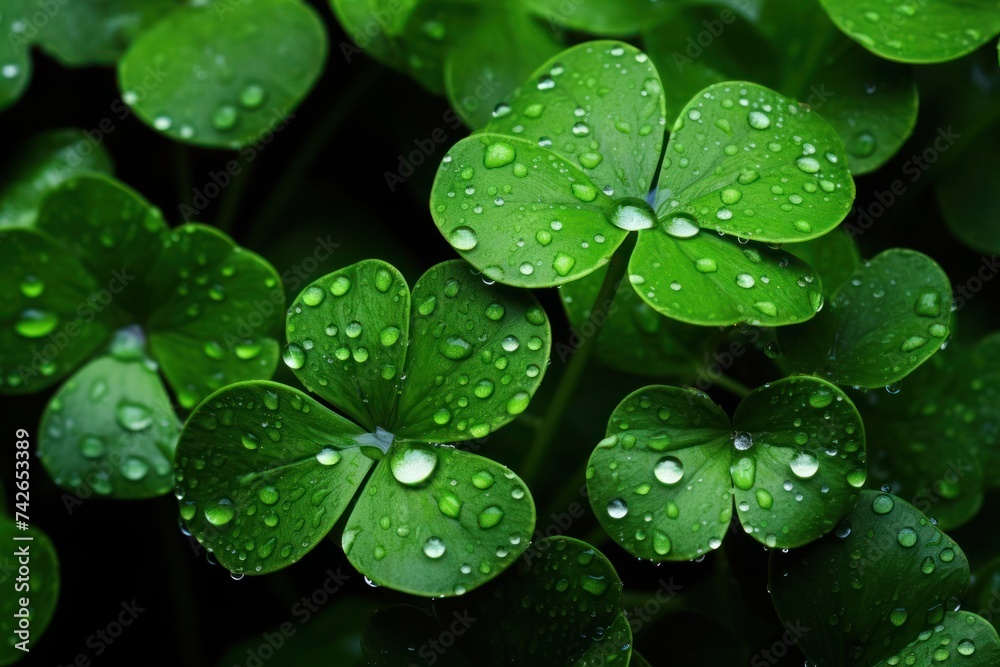 Green clover leaves speckled with water droplets. Green clover leaves speckled with water droplets.
