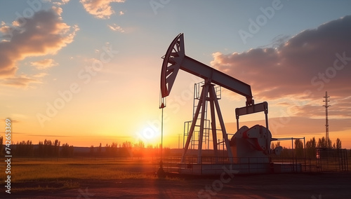 silhouette of a pumpjack with piston pump on an oil well against the background of sky. photo