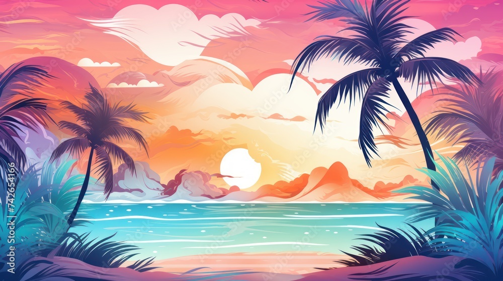 Abstract, colorful summer banner background adorned with beach vibes