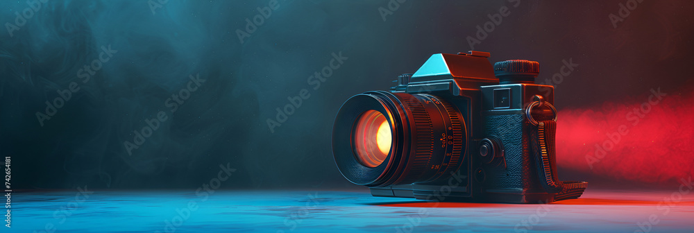 Digital camera surreal art with lens sits wet smooth graphics colorful  background - obrazy, fototapety, plakaty 