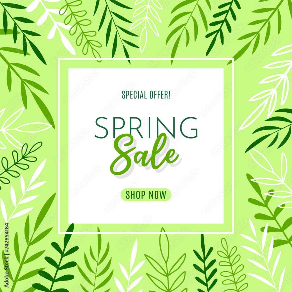 Bright square banner for spring sale with hand drawn doodle style leaves.