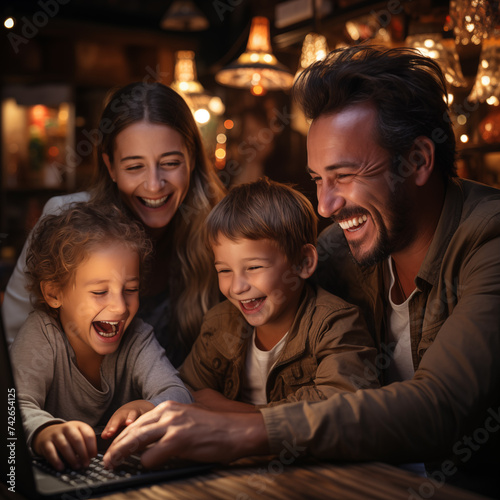 foto de primer plano de la familia feliz con niños pequeños en el sofá de la sala de estar viendo portátil juntos. Navegar por Internet como una familia.