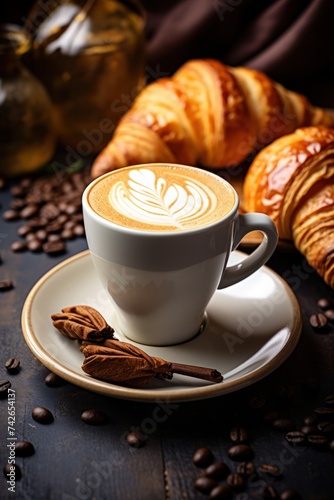 A steaming cup of rich and aromatic coffee, with creamy latte art swirling on top, on a table with a plate of buttery croissants