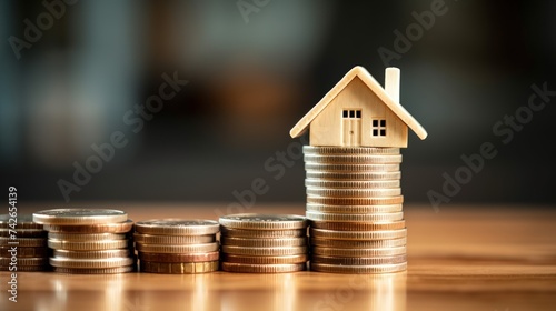 A stack of coins with a miniature house in the background.