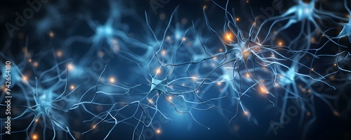 Mapping the neural network: Blue background illustration of nerve cell neuron system and synapse connections for AI generation. Concept Neural Network Illustration, Nerve Cell Neuron photo