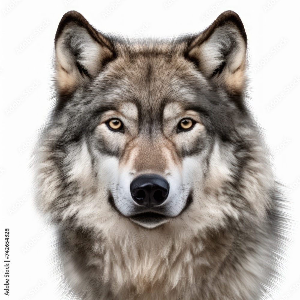 Close-up of a wolf against a white background.