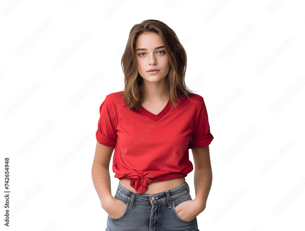 Obraz premium portrait of young woman with hands in pockets, eye catching and cute girl
