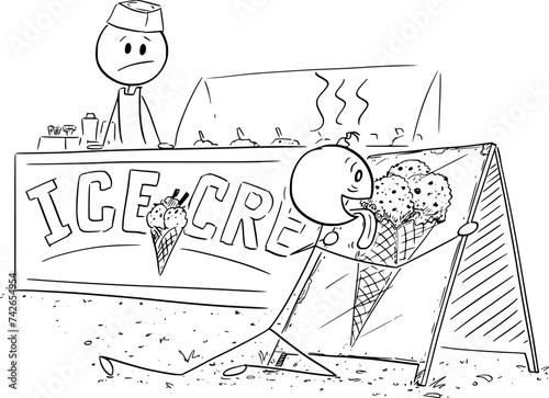 Overheated Person Licking Sign with Ice Cream Picture, Vector Cartoon Stick Figure Illustration