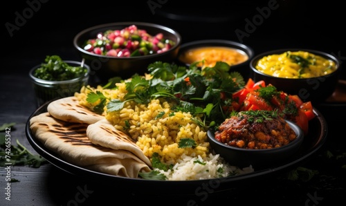 Assorted middle eastern food on black background. middle eastern cuisine. Top view 