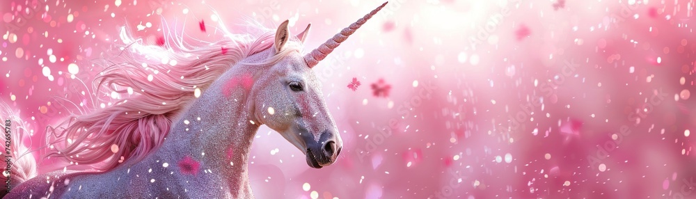 Pink glittering background with unicorn, copy space. Women's Day. It's a girl backdrop with empty space. Baby shower or birthday invitation, party. Baby girl birth announcement. Pink glittering background with unicorn, copy space. Women's Day. It's a girl backdrop with empty space. Baby shower or birthday invitation, party. Baby girl birth announcement.