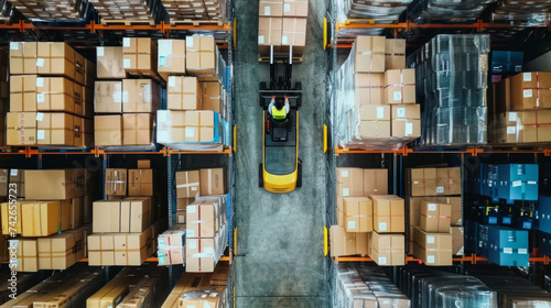 Worker driving forklift in warehouse. Retail warehouse with shelves with goods in cardboard boxes. Product distribution logistics center.