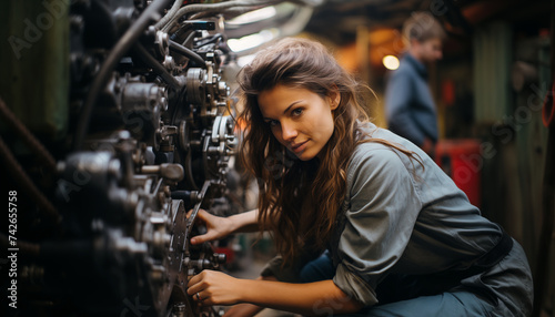 Mujeres en ingeniería mecánica y mantenimiento. Taller para operarios de aviacion y motores, formación de mujeres ingenieras. 