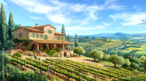 A rustic Tuscan farmhouse nestled amidst vineyards. Fantasy landscape anime or cartoon style, seamless looping 4k time-lapse virtual video animation background photo