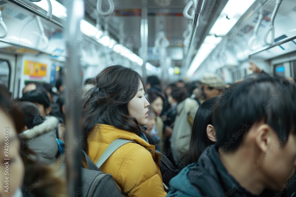 Asian woman in yellow on a crowded train Asian woman in yellow on a crowded train