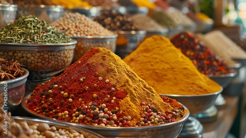 Assorted colorful spices heaped in baskets at an exotic market, showcasing a variety of flavors and culinary traditions.