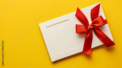 white gift card with one side red ribbon bow 