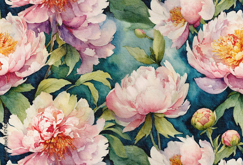 Pink peony with  green leaves in watercolor painting style.