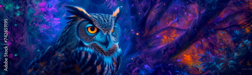 owl with feathers that mimic the northern lights, perched in an enchanted grove filled with vibrant hues. © Maximusdn