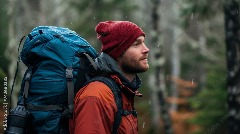 Fototapeta premium Active men walking or hiking outdoors, rainy day, AI generated