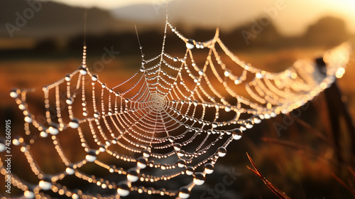 Glistening Dew on Spiderweb at Sunrise