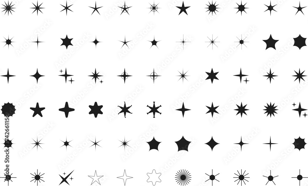 Minimalist silhouette stars icon set, twinkle shining star shape symbols, icons, elements. Modern geometric sparkle black silhouettes sign vector. Minimalist silhouette stars icon set, twinkle shining star shape symbols, icons, elements. Modern geometric sparkle black silhouettes sign vector.