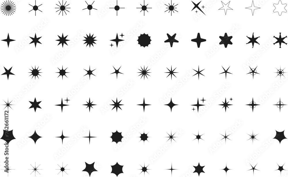 Obraz premium Minimalist silhouette stars icon set, twinkle shining star shape symbols, icons, elements. Modern geometric sparkle black silhouettes sign vector.