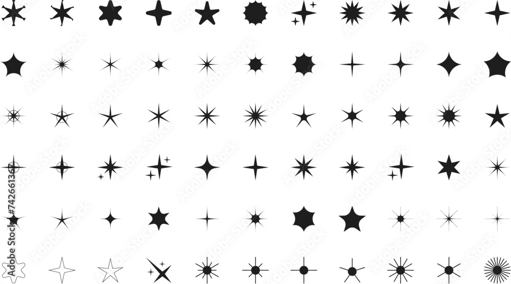 Minimalist silhouette stars icon set, twinkle shining star shape symbols, icons, elements. Modern geometric sparkle black silhouettes sign vector. Minimalist silhouette stars icon set, twinkle shining star shape symbols, icons, elements. Modern geometric sparkle black silhouettes sign vector.