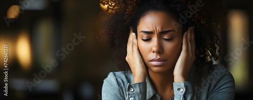 Frustrated African American woman at desk struggling to resolve work problem on laptop. Concept Frustration, African American, Woman, Desk, Work problem
