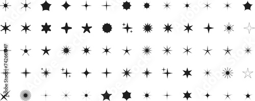 Minimalist silhouette stars icon set, twinkle shining star shape symbols, icons, elements. Modern geometric sparkle black silhouettes sign vector.