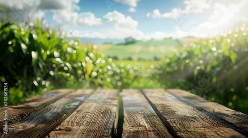  Sweet corn field and wooden table  photo