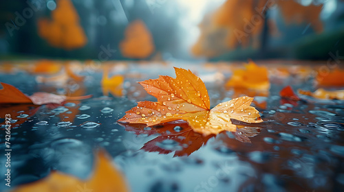 autumn leaves on the ground, Close-up of raindrops on maple leaf 