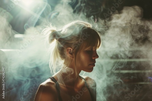 Blonde Woman Relaxing In Sauna Surrounded By Steam