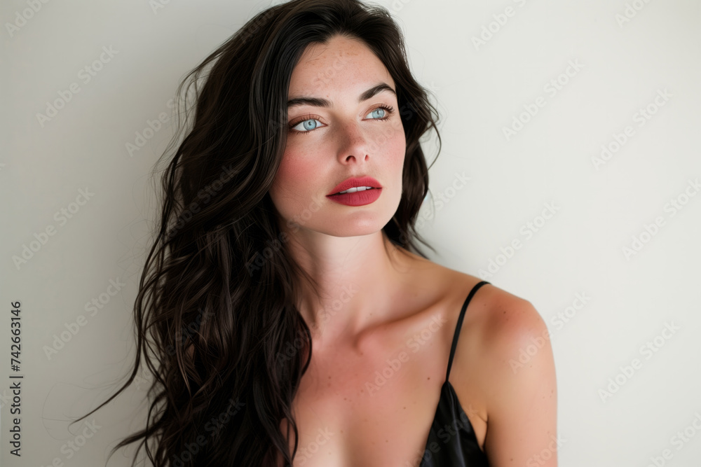 Fototapeta premium Attractive Brunette Woman With Flawless Skin, Long Hair, And Makeup On White