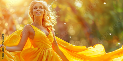 Stunning Blonde Model In Bright Yellow Dress Poses Joyfully