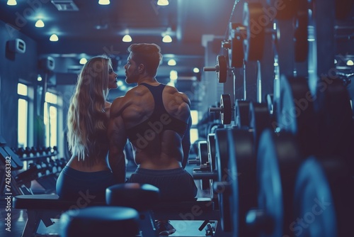 Fit Couple Weightlifting Together In Modern Gym, Focusing On Muscle Building photo