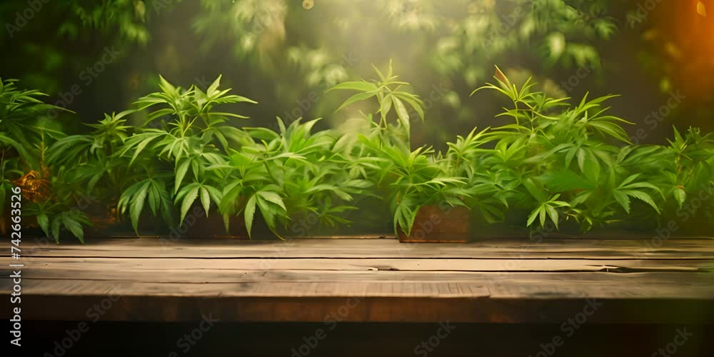 Empty rustic old wooden boards table copy space with cannabis plants in background. Product display template 4K Video Empty rustic old wooden boards table copy space with cannabis plants in background. Product display template 4K Video