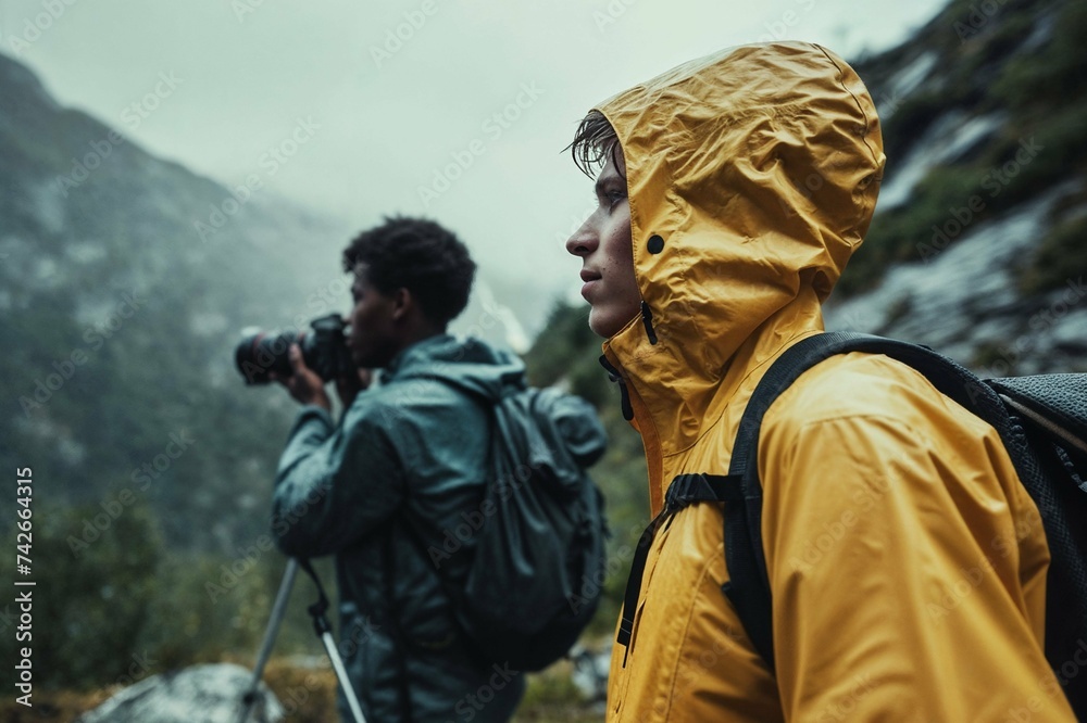 Intrepid Photographers in Rain Gear Exploring Misty Mountain Trails: Adventure in the Wild