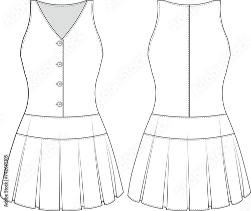 buttoned v neck sleeveless shoulder straps strappy pleated short mini dress denim jean template technical drawing flat sketch cad mockup fashion woman design style model
