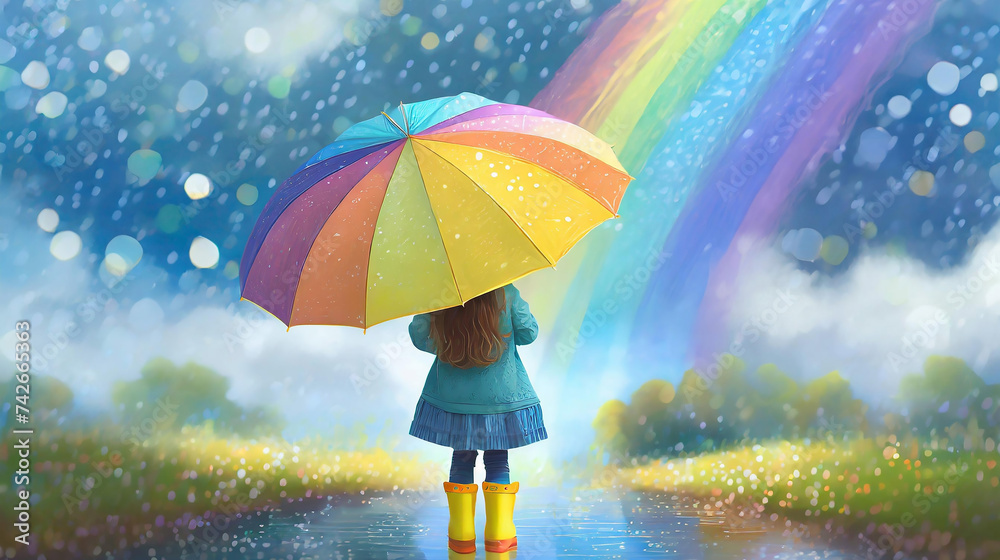 虹と女の子のイラスト