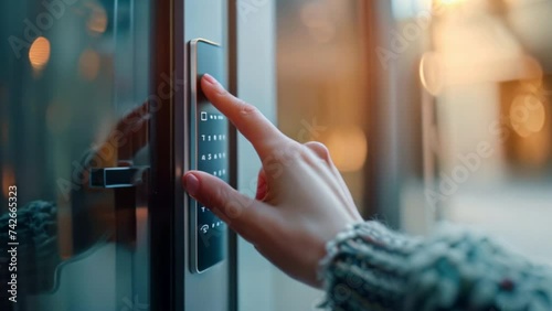 Close-up of woman's fingers entering a password on smart touch digital door keypad on the front door lock.